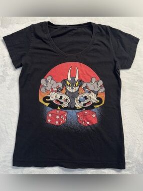 CUPHEAD women's black fifth sun snake eyes graphic tee, M.